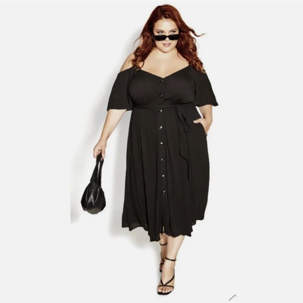City Chic Plus Size XS 14 Black Flutter Sleeve Button Up Belted Naples Dress